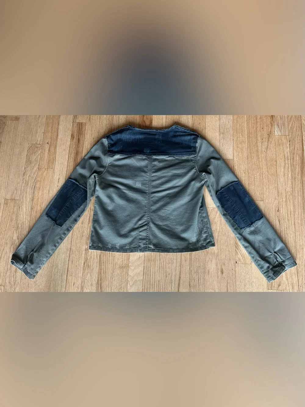 Free People LOU Olive Green/Black Accent Distressed Military Denim Jacket (XS) - Picture 2 of 12